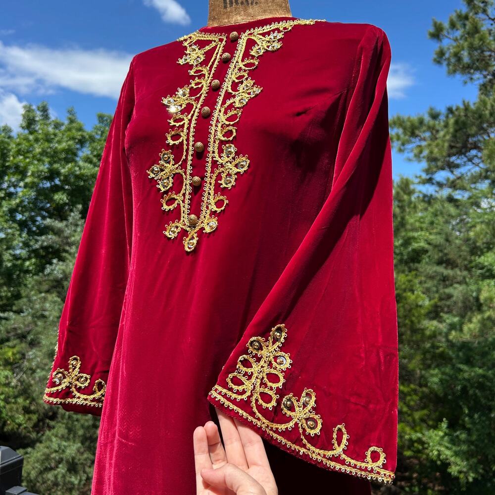 Vintage 60s Red Velvet + Metallic Gold Embroidered Bell Sleeve Kaftan Mini Dress